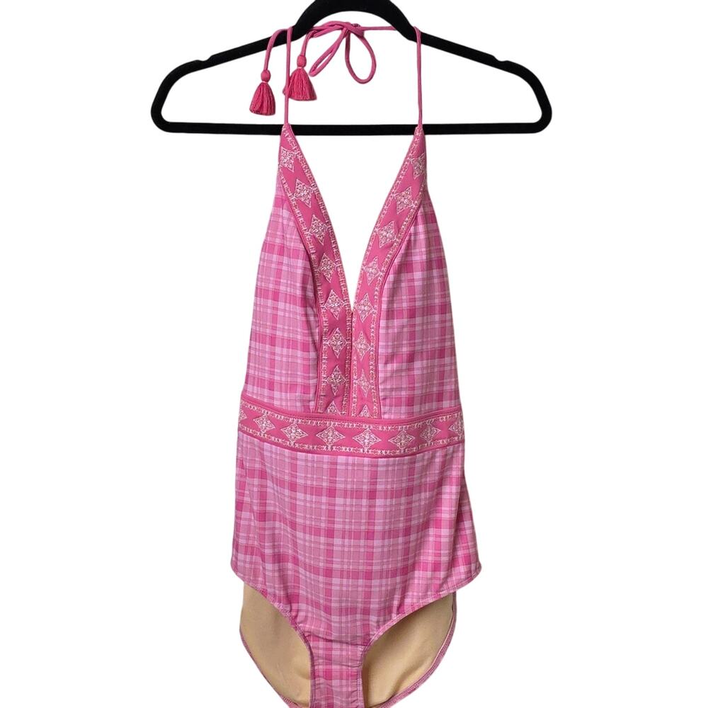 Cabana Life Talbots Embroidered Halter One Piece Swimsuit Pink Womens XL  NWT